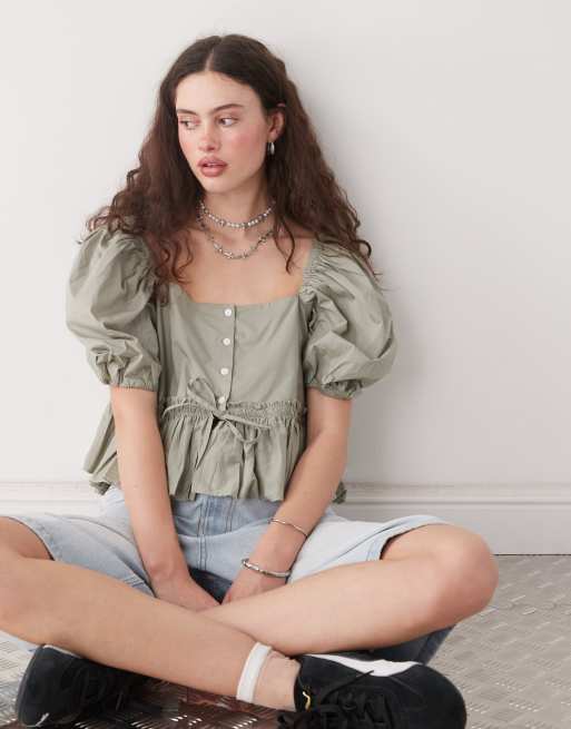 Monki puff sleeve milkmaid peplum blouse in khaki, 2 of 4