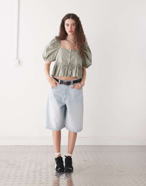 Monki puff sleeve milkmaid peplum blouse in khaki, 3 of 4