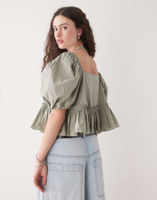 Monki puff sleeve milkmaid peplum blouse in khaki