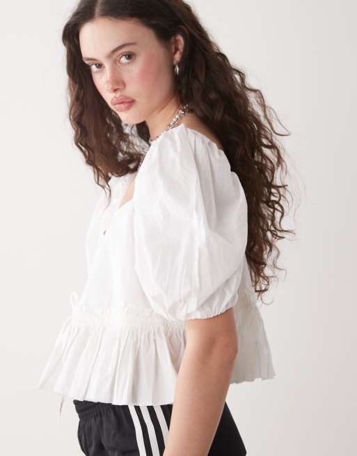 Monki puff sleeve milkmaid peplum blouse in white | ASOS