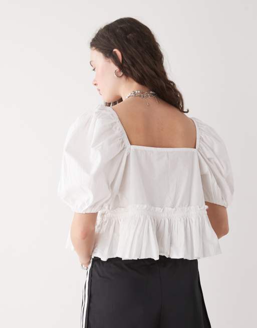 Monki puff sleeve milkmaid peplum blouse in white, 4 of 4