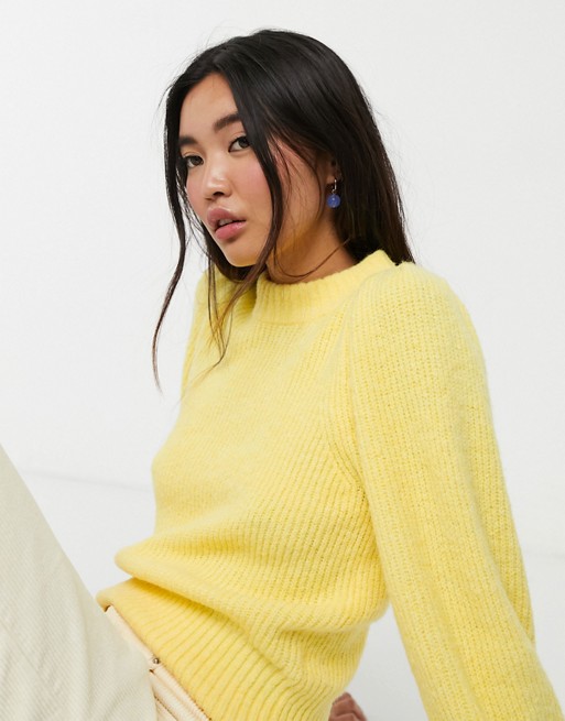 Monki puff sleeve ribbed jumper in baby yellow