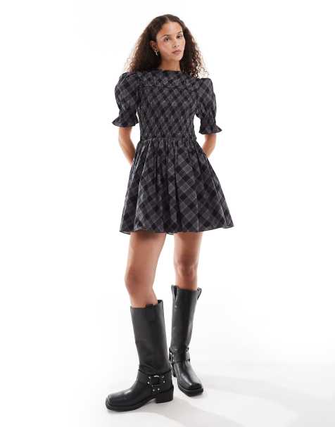 Monki puff sleeve shirred structured mini dress in grey check  - view 1