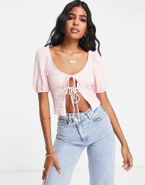 Monki puff sleeve tie front top in pink
