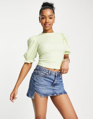 Monki puff sleeve top in green gingham - ASOS Price Checker