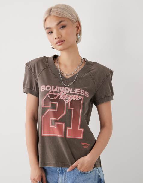 Monki puff sleeve varsity t-shirt in dark chocolate brown - view 1