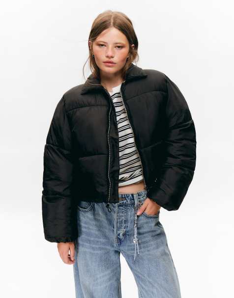 Monki puffer jacket with collar detail in black - view 1