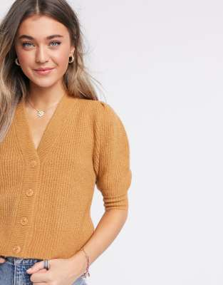 Monki Puffy fluffy rib short sleeve cardigan in beige-Brown