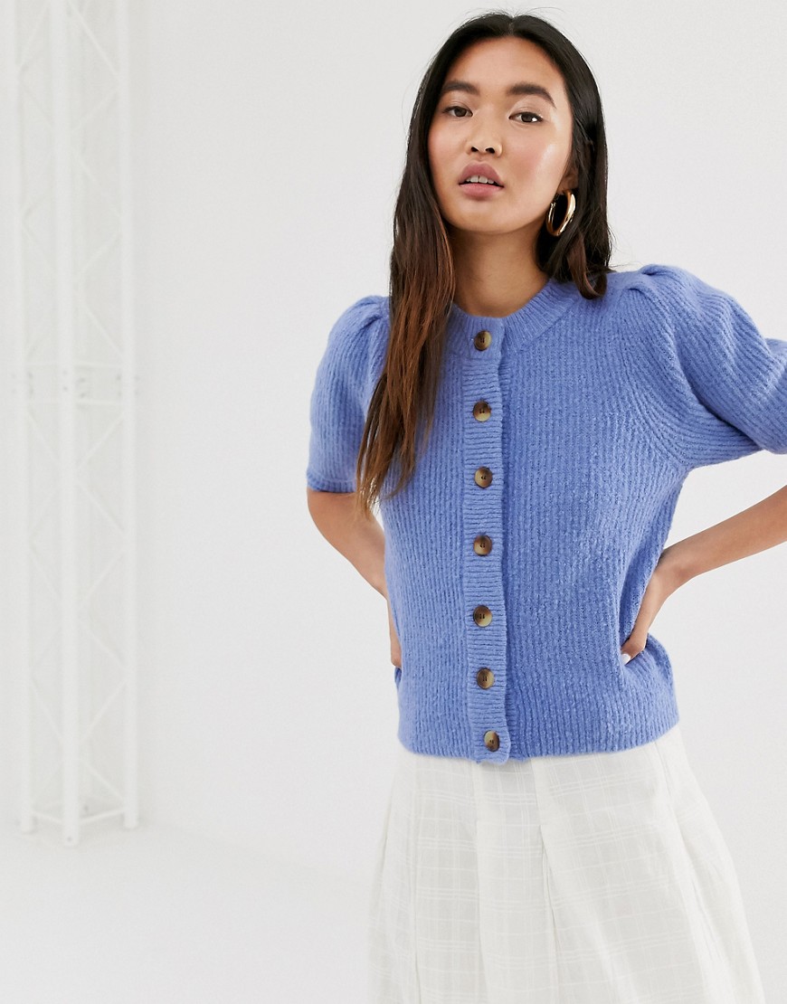 Monki puffy short sleeve cropped cardigan in blue