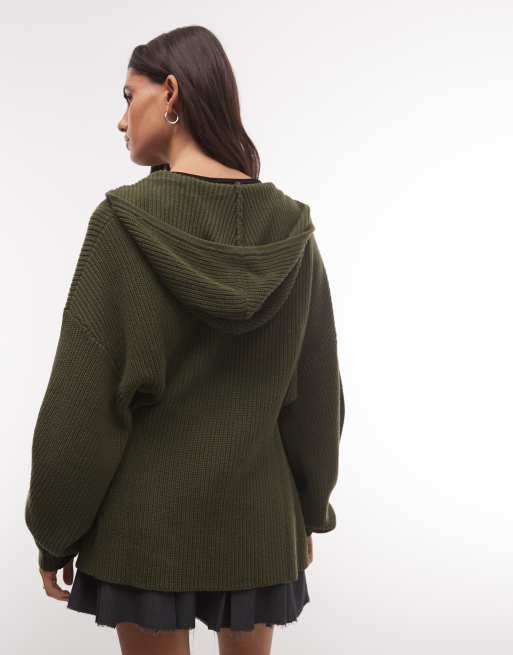 Monki pull à capuche en maille avec double zip et taille resserrée, kaki, 3 de 4