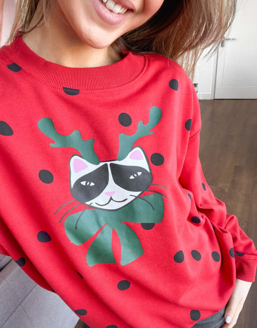 Monki Pull De Noel En Coton Biologique A Motif Chat Rouge Asos