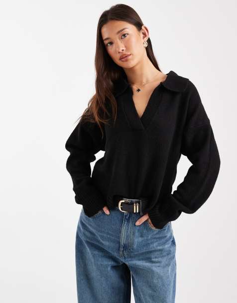 Monki - Pull en maille avec col polo et manches longues - Noir - view 1