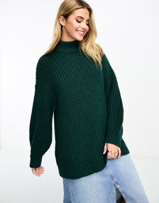 Monki high neck chunky rib knitted jumper with volume sleeve in dark green - ASOS Price Checker