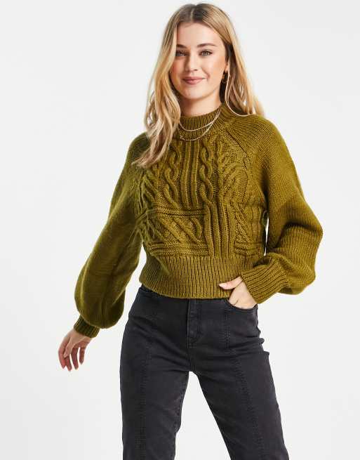 Monki Pull en maille torsad e Vert olive KHAKI ASOS