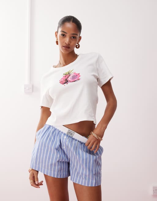 Monki pull on boxer shorts with foldable waistband in blue and white stripes