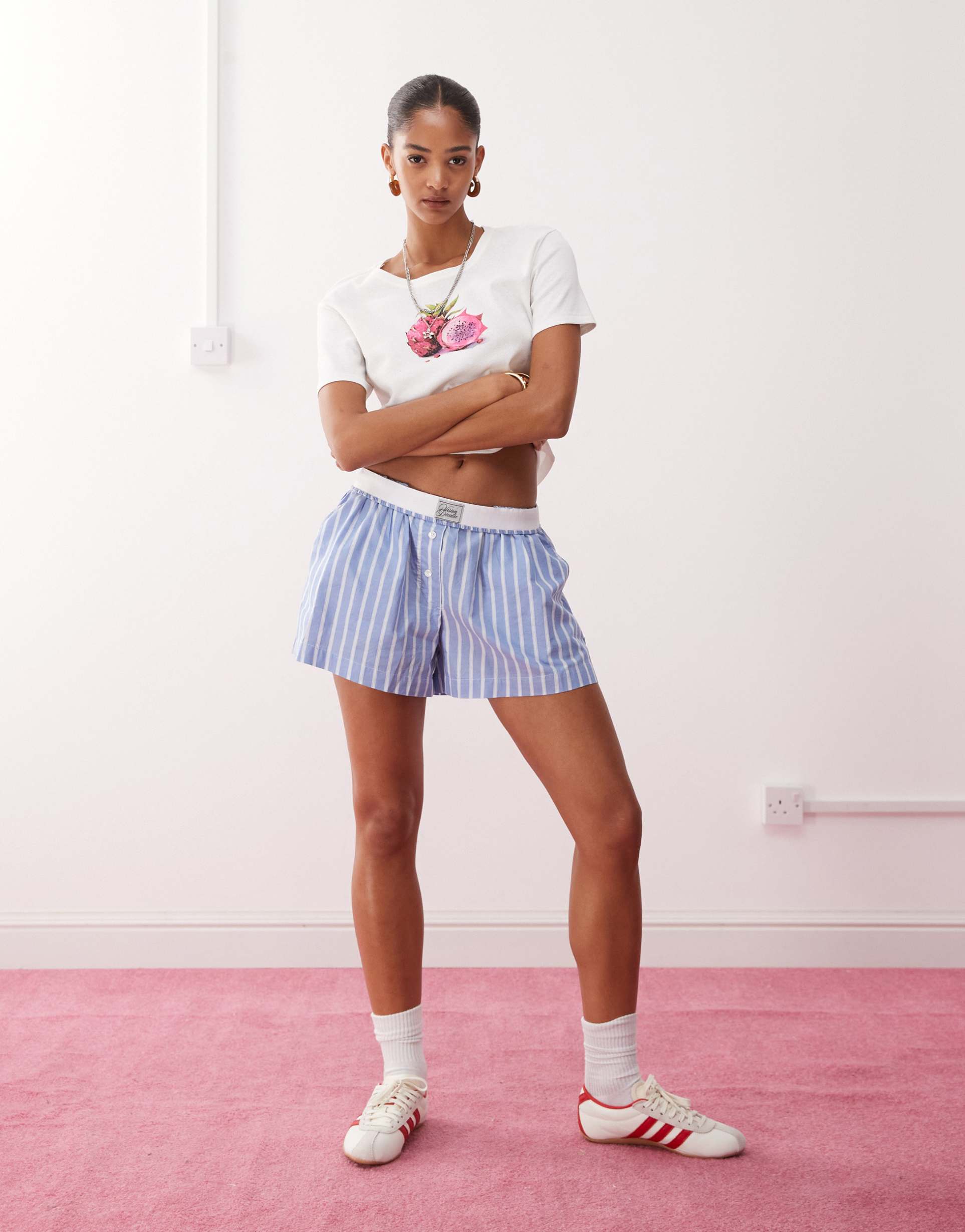 monki pull on boxer shorts with foldable waistband in blue and white stripes