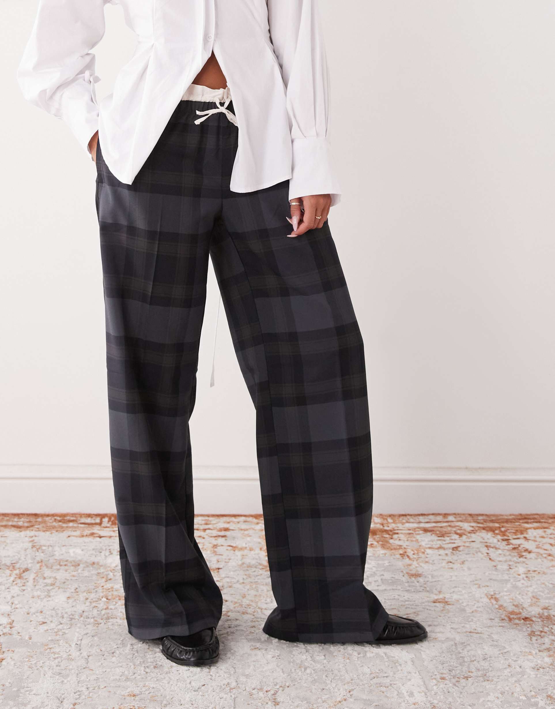 monki pull on tailored pants with cotton waistband detail in gray plaid