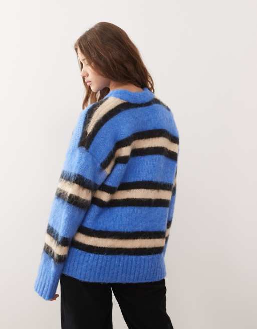 Monki - Pull oversize duveteux à rayures - Bleu et chocolat, 4 de 4
