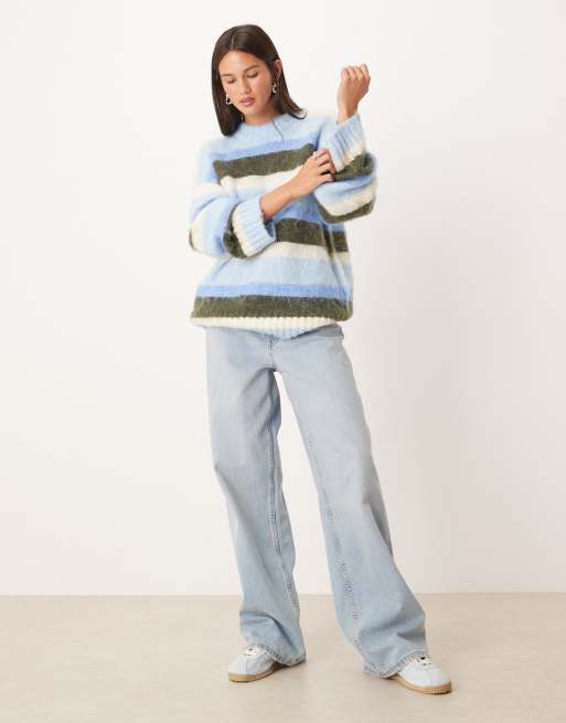 Monki - Pull oversize duveteux à rayures - Bleu et marron, 3 de 4