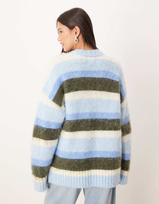 Monki - Pull oversize duveteux à rayures - Bleu et marron, 4 de 4