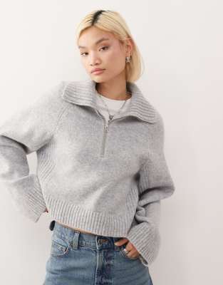 Monki - Pullover in meliertem Grau mit kurzem Reißverschluss