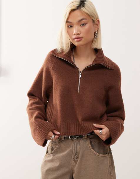 Monki – Pullover in Schokobraun mit kurzem Reißverschluss - view 1