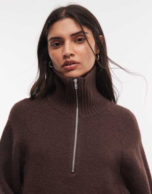 Monki – Pullover in Schokobraun mit kurzem Reißverschluss, 3 von 4