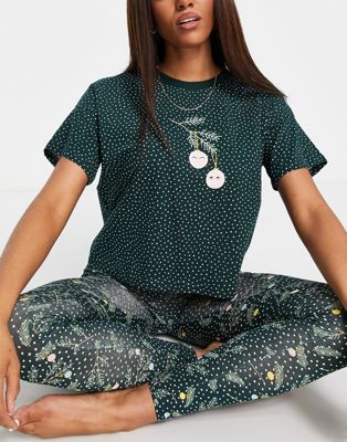 Femme Monki - Pyjama legging et t-shirt en coton biologique à imprimé pommes de pin de Noël - Vert