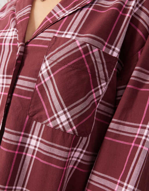 Monki – Pyjama-Oberteil aus Flanell in kariertem Burgunderrot, Kombiteil, 3 von 4
