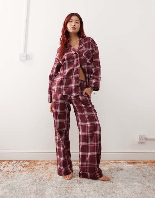 Monki – Pyjama-Oberteil aus Flanell in kariertem Burgunderrot, Kombiteil, 4 von 4