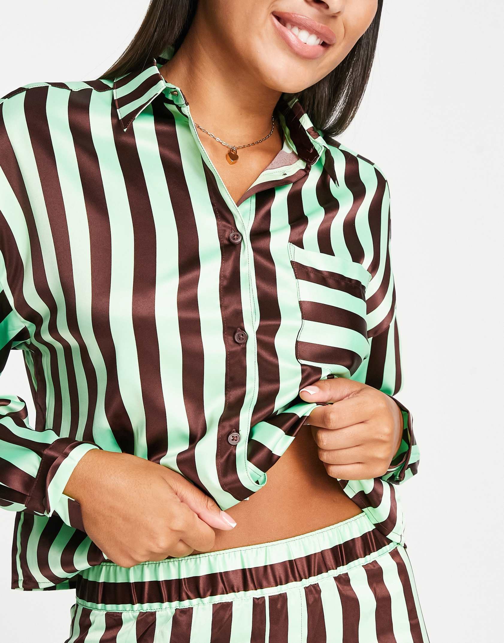 Monki pyjama set in chocolate and lime stripe -  Price Checker