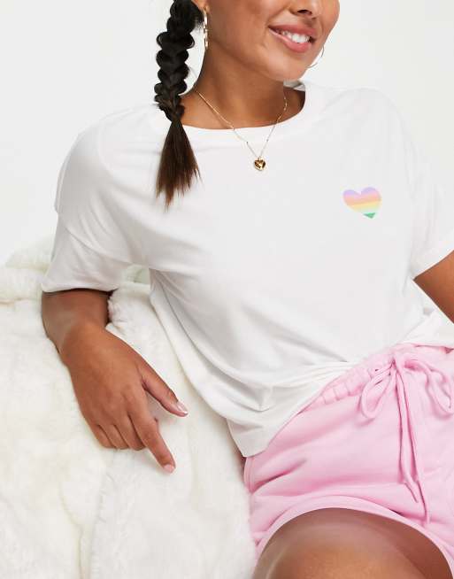 Monki pyjama t-shirt with rainbow heart in white (part of a set)