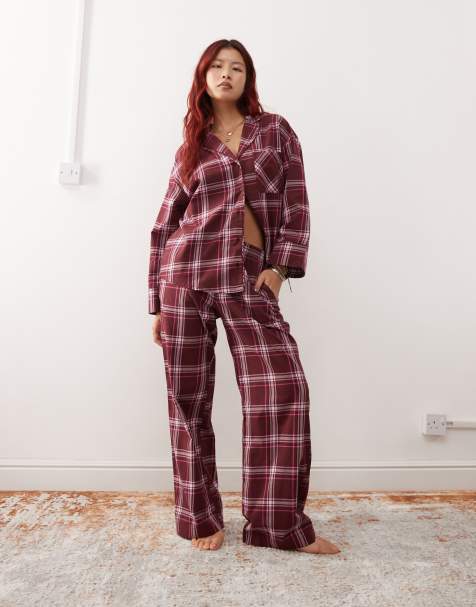 Monki - Pyjamassæt i flonel med top og bukser i bordeauxrødt tern - view 1