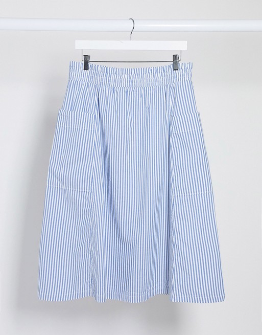 Monki Qia organic cotton elasticated waist stripe pocket skirt in blue and white