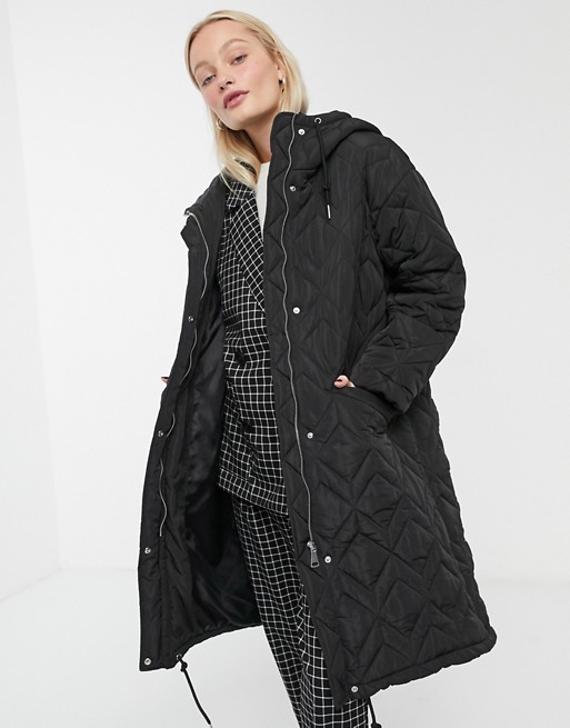 Monki quilted hooded midi coat in black