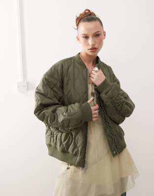 Monki Quilted Reversible Bomber Jacket In Green