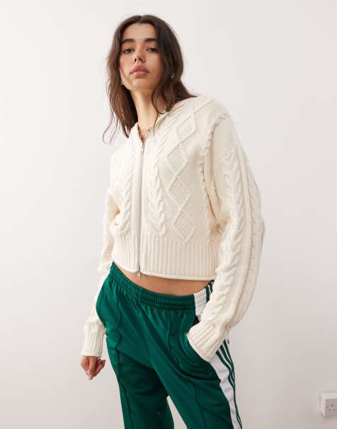 Monki - Råhvid kabelstrikket cardigan med hætte og dobbelt lynlås - view 1