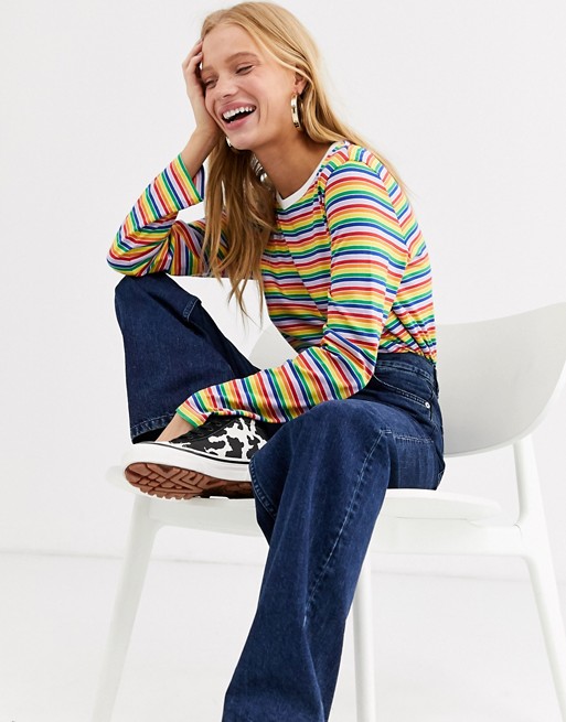 Monki rainbow stripe long sleeve t-shirt in multi