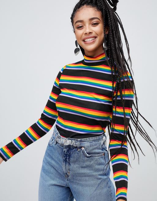 Monki rainbow stripe roll jersey top in black