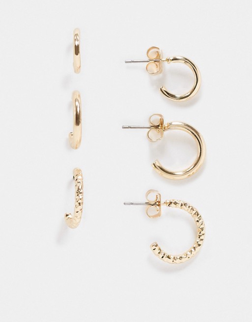 Monki Raquel 3 pack hoop earrings in gold