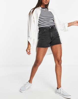 Monki Raw Hem Denim Shorts In Black