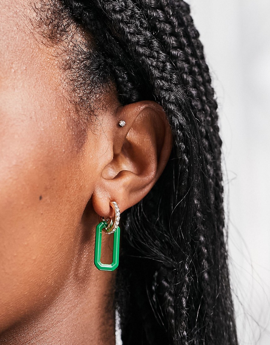 Monki rectangle drop hoop earrings in green-Silver