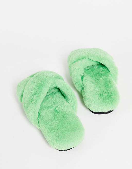 Women Monki recycled borg slippers in green 