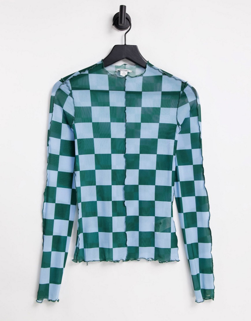 Monki recycled checkerboard mesh top in multi