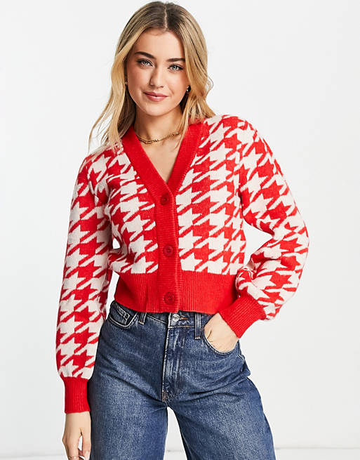 Jumpers & Cardigans Monki recycled dogstooth cardigan in red 