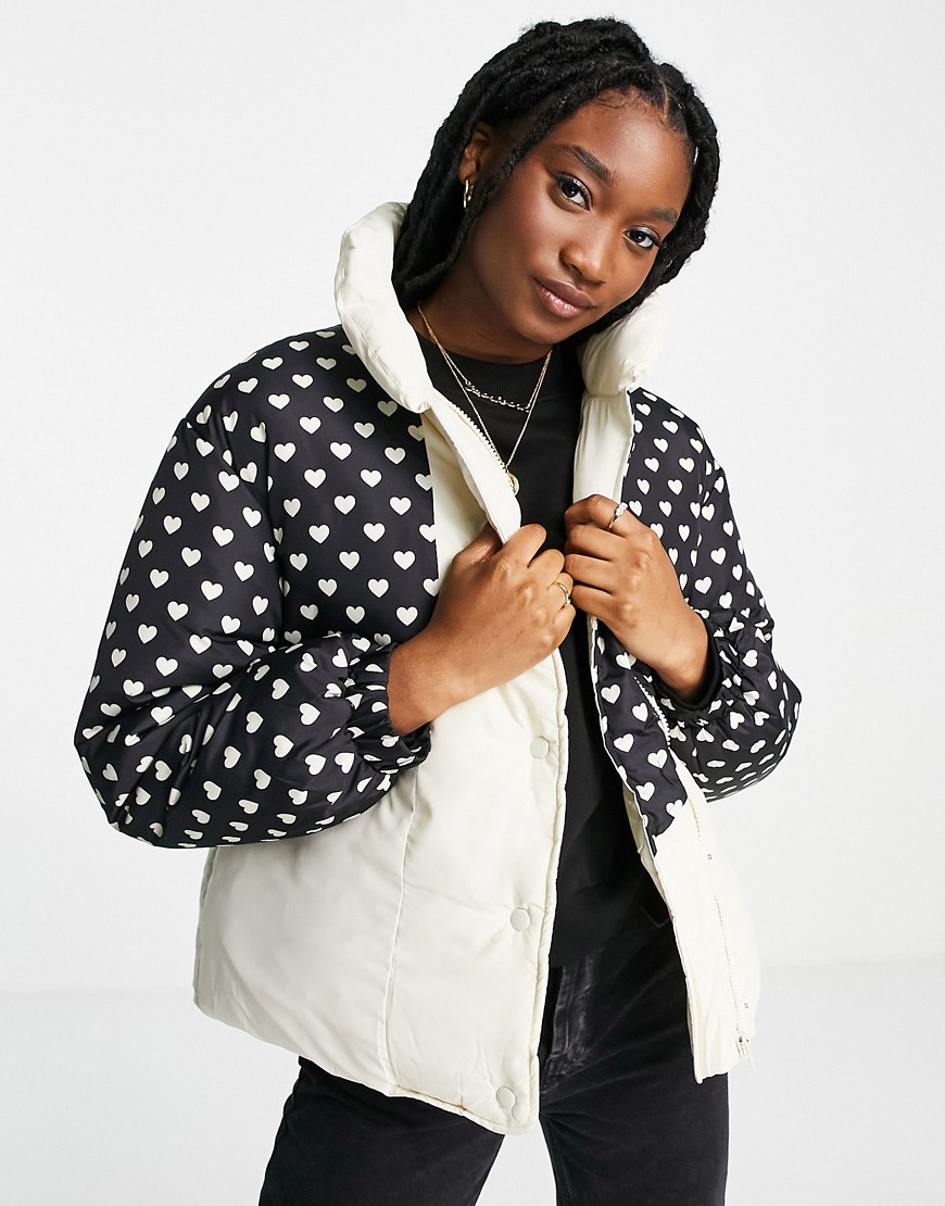 Monki recycled padded jacket in heart print and beige-Multi