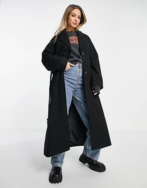  Monki recycled polyester belted oversized coat in black 