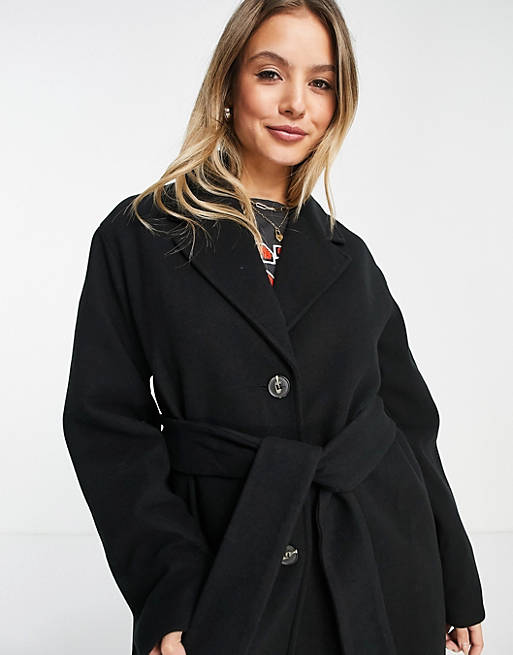  Monki recycled polyester belted oversized coat in black 