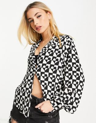 Monki blouse in black and white heart check