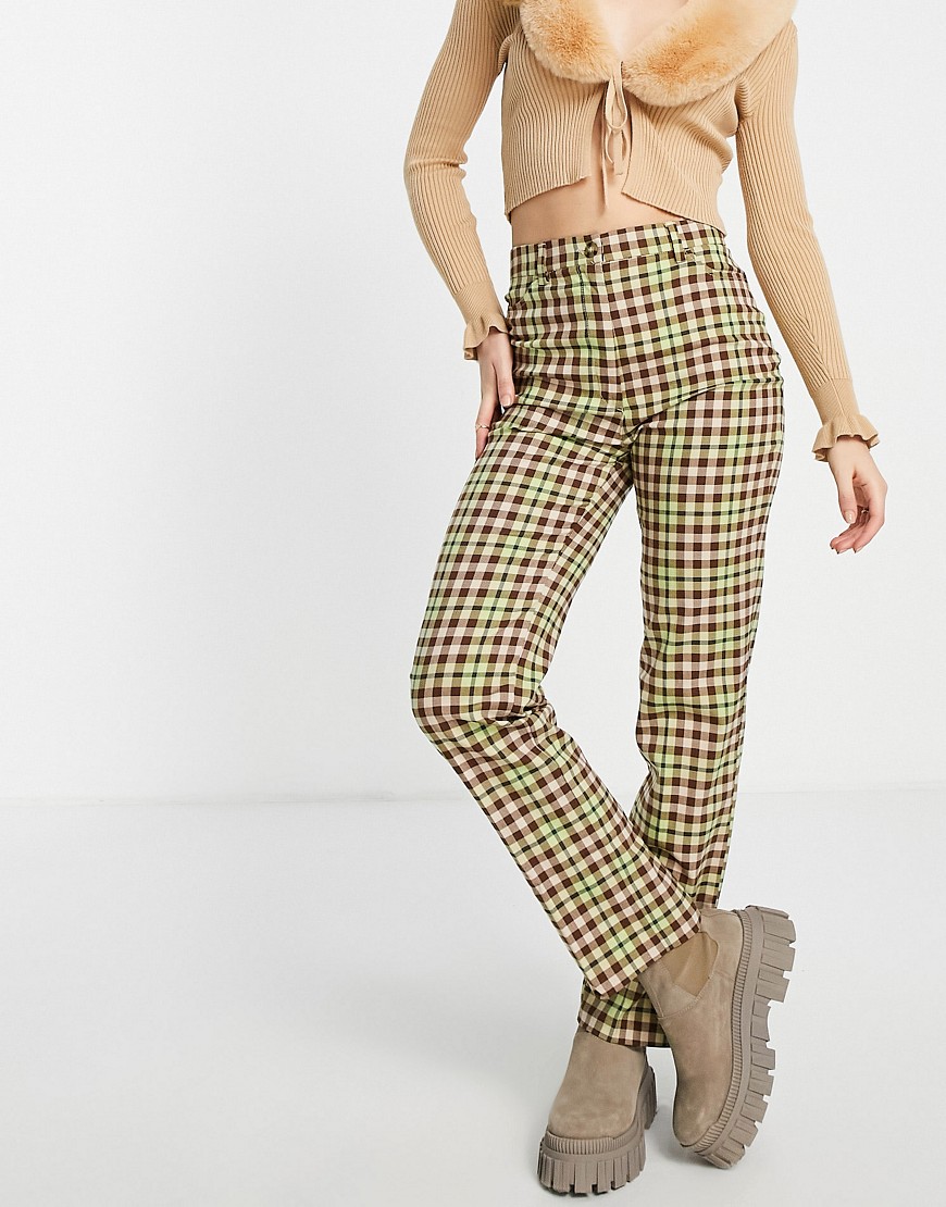 Monki recycled polyester check pants in multi